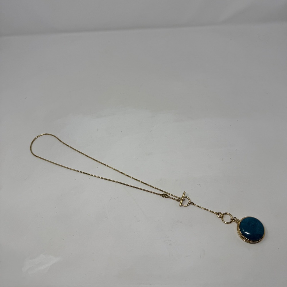 Fossil Gold Tone Teal Cabochon Toggle Lariat Necklace Filigree Back